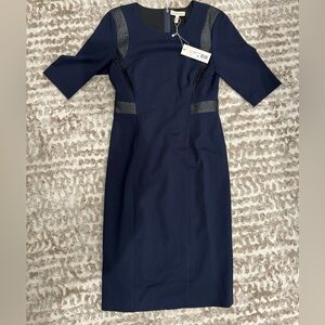 NWT Vintage Rebecca Taylor Navy Straight Dress With Black Leather and Lace
